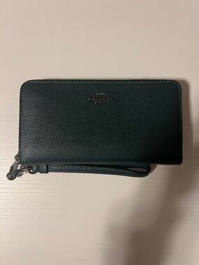 Coach Dark Green Zip-Around Wristlet Wallet with Detachable Strap